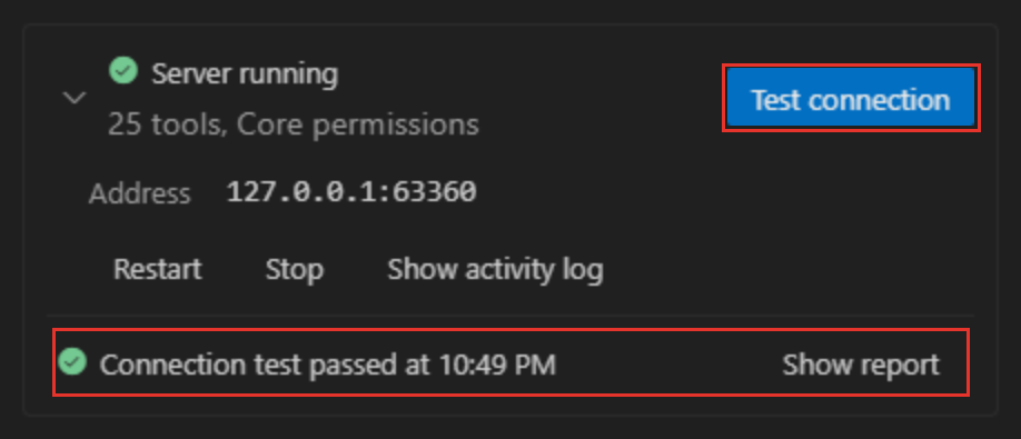 The connection test result under the server card