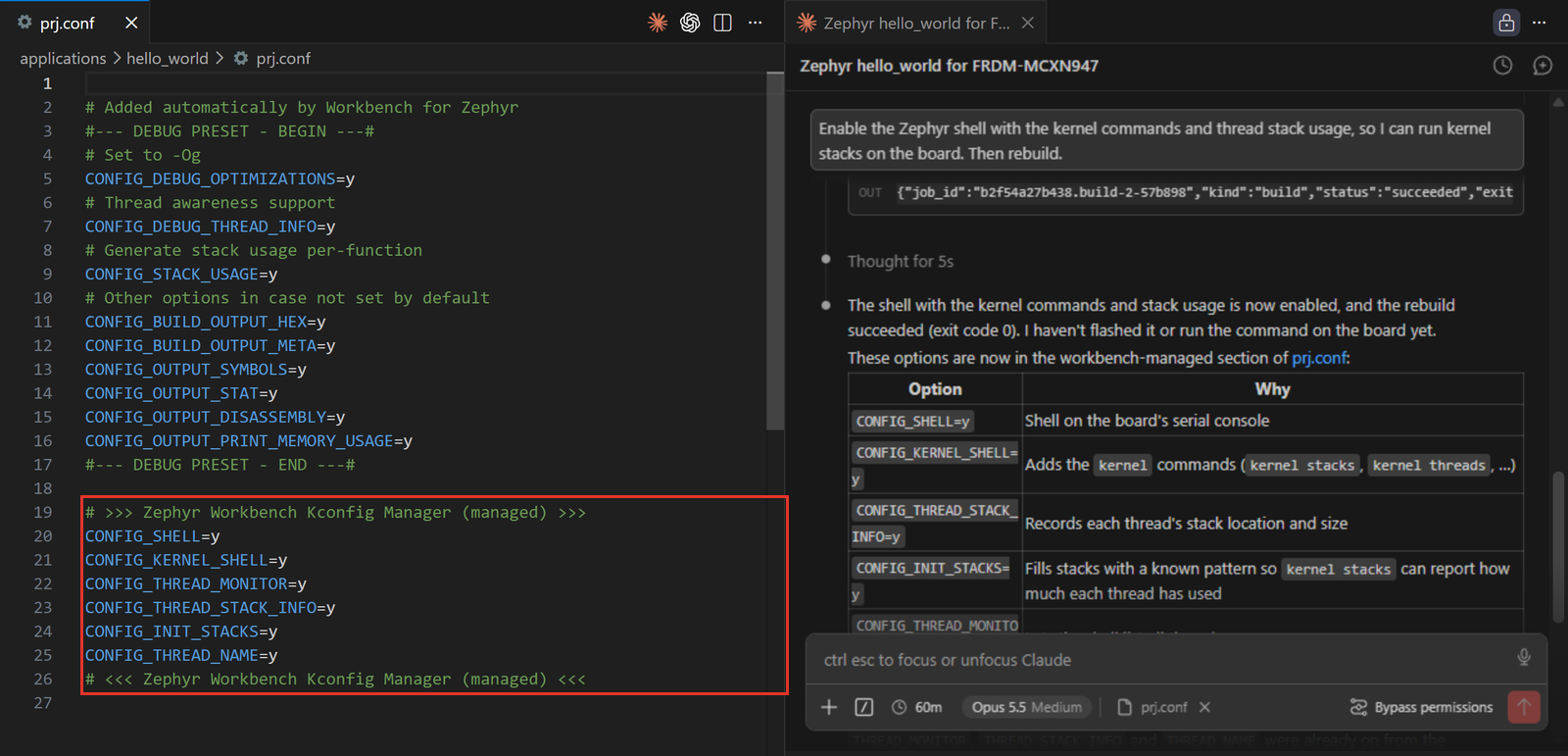 The Kconfig options the agent added to prj.conf