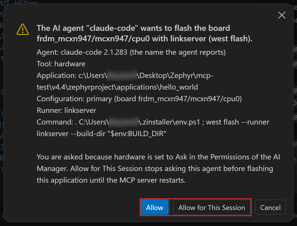The agent asks before it flashes the board
