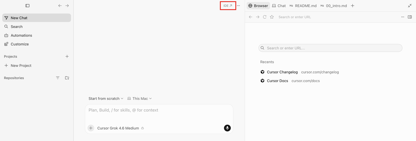 IDE button in the Cursor Agents window