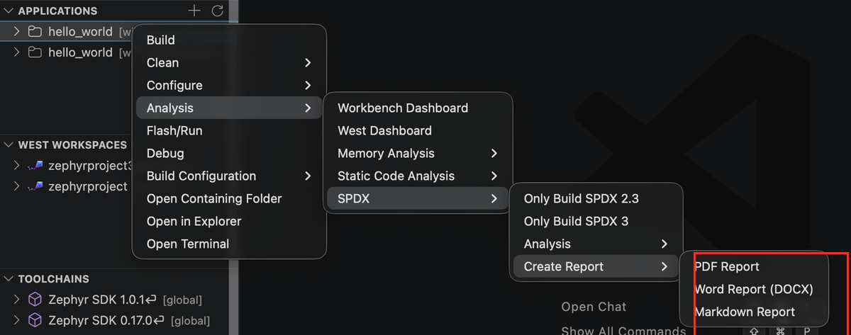 Create Report submenu