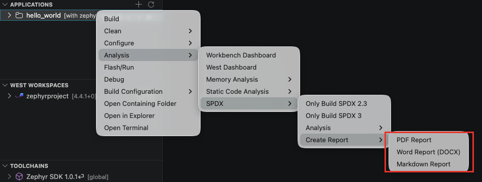Create Report submenu