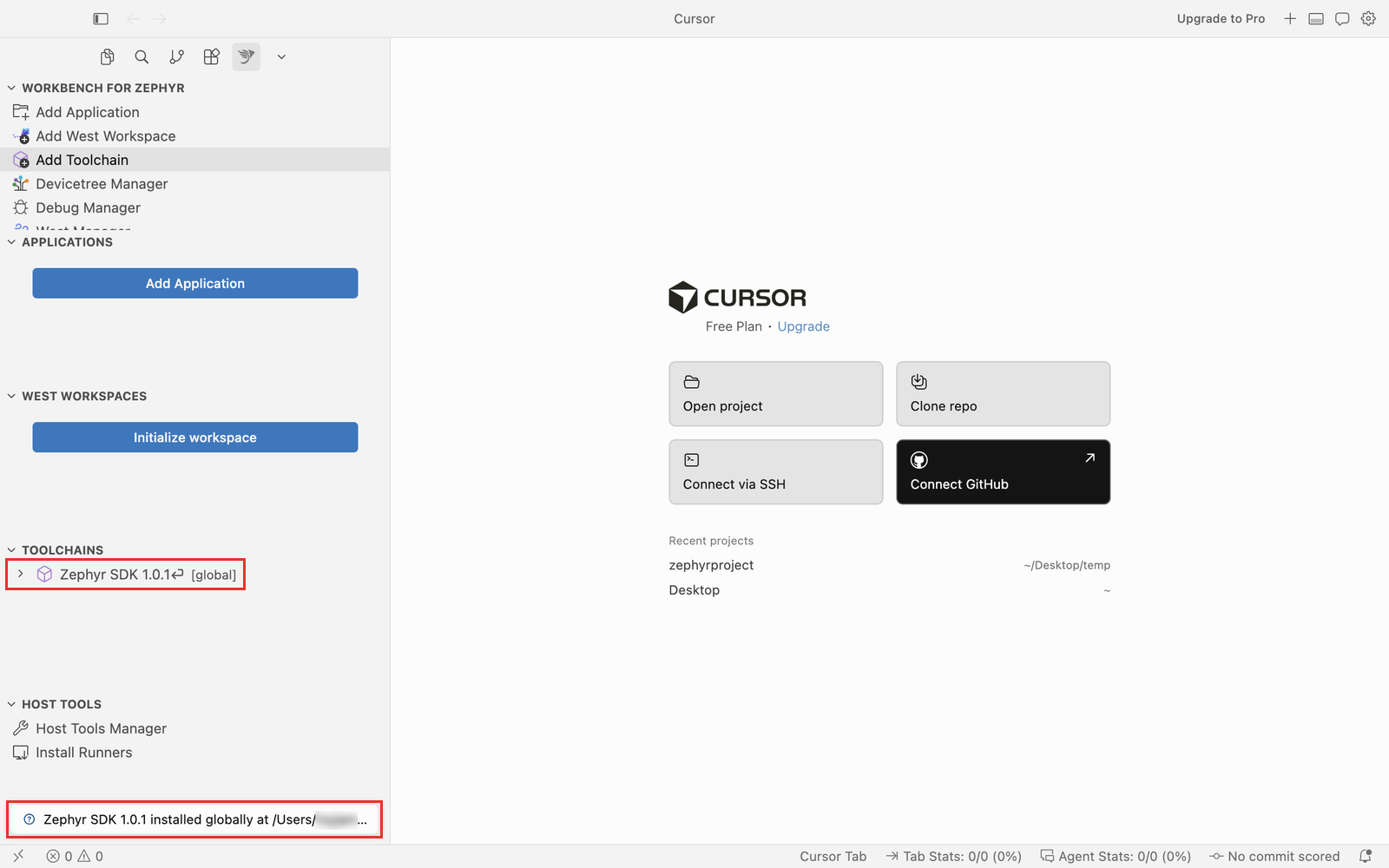 Zephyr SDK in the Toolchains view