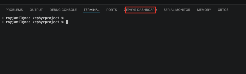 Zephyr Dashboard tab in the bottom panel