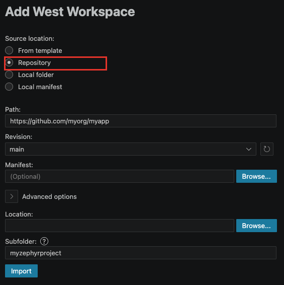 Import a custom west workspace from a repository